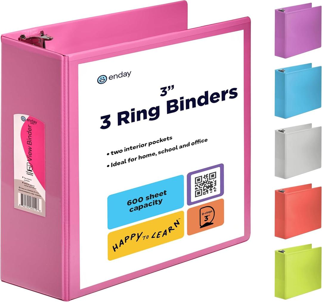 3 Inch 3 Ring Binder Pink, Slant D-Ring 3 Clear View Cover with 2 Inside Pockets, Heavy Duty Colored School Supplies Office and Home Binders  by Enday