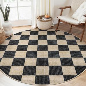 LIVEBOX Checkered Round Rug 6 Ft Washable Area Rug for Playroom, Kids Non-Slip Neutral Classic Circle Rug Geometric Large Carpet Soft Boys Rug for Classroom Dorm Bedroom (Black,180R)