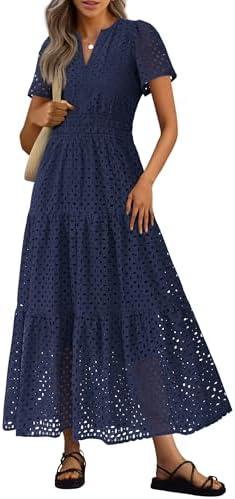 PRETTYGARDEN Women's 2025 Summer Maxi Dress Short Sleeve V Neck Hollow Out Eyelet A Line Long Flowy Beach Vacation Dresses, (Navy, XL)