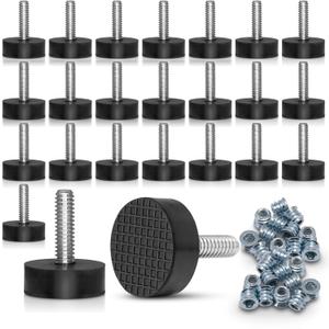 24 Pack All-Rubber 1/4"-20 UNC Leveling Feet with Inserts, Adjustable Levelers for Table Chair Stool Legs - 0.35" to 0.85" Height Range, Anti-Slip