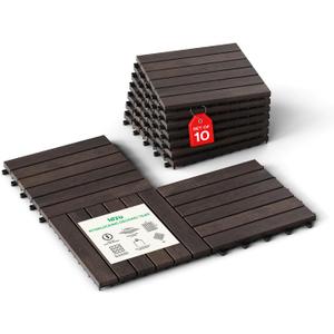 Idzo Interlocking Deck Tiles - 10PCS Waterproof Acacia Wood Patio Tiles, Flooring Tiles for Both Indoor and Outdoor - Decking Stripe Pattern, Dark Brown, 12 x 12 x 0.9 inches