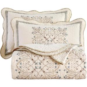 vctops Elegant Embroidered Quilt Set Farmhouse Patchwork Reversible Bedspread Coverlet 3 Piece Cotton Quilted Bedding Set for All Season, 1 Quilt + 2 Pillow Sham (119x117 in)