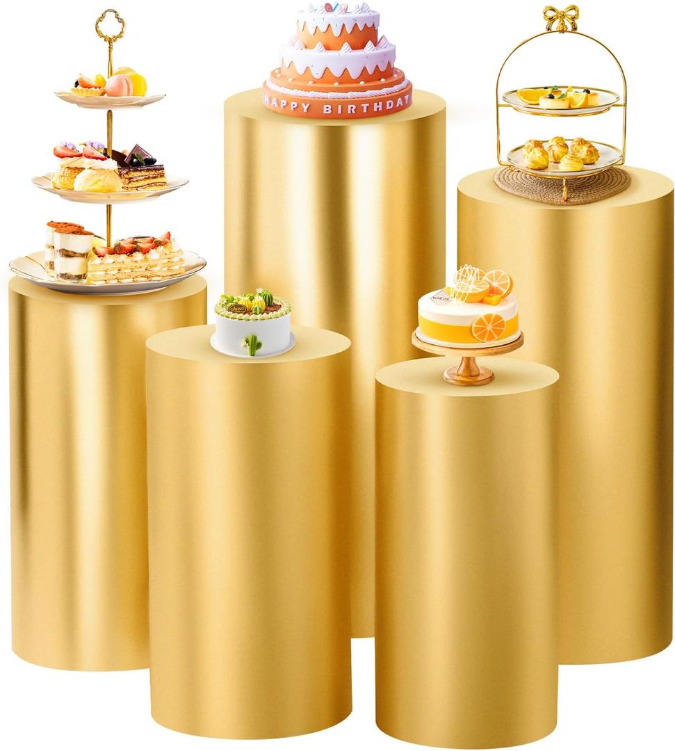 SaitiMade Set of 5 - Gold Cylinder Pedestal Stand Covers, Flexible Cylinder Stand Covers for Party, Wedding or Birthday Event Decor - Only Contains Cylinder Covers