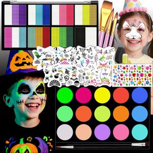 2 x Face Painting Kit for Kids & Adults - 18 Colors + 15 UV Glow Paints, Water-Based Non-Toxic Professional Makeup with Stencils & Brushes for Cosplay, Birthday Parties, Halloween