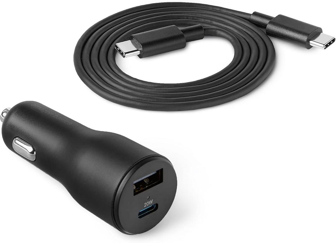 Amazon Basics Fast-Charging Car Charger, 1 USB-C (20W) + 1 USB-A (12W), 32W, with 3-Ft Cable, Black