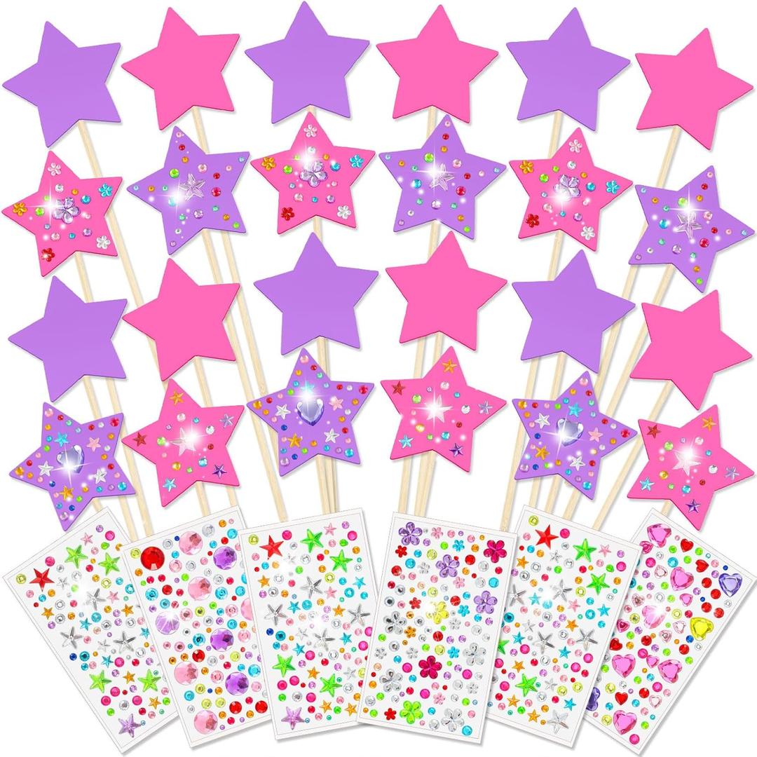 Juexica 24 Pcs Princess Fairy Wand Kit Includes 24 Make Your Own Princess Wand 2 Styles Unfinished Wooden Fairy Wand and 6 Gem Stickers for Girls DIY Magical Crafts