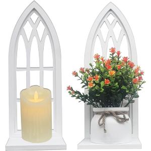 Wall Candle Sconces for Pillar - White Candle Holder for Wall Set of 2 - Farmhouse Wood Carved Shelf for Plant - Rustic Window Shape Decor for Bathroom Hallway Fireplace