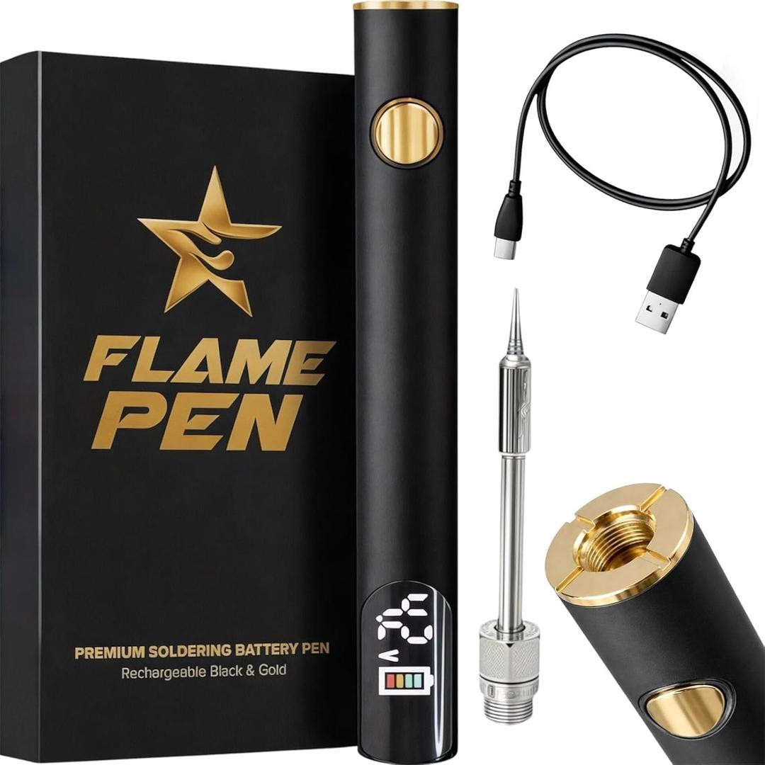 510 Threaded Battery Pen, 650mAh Cordless Soldering Iron with LED Display, Precise Temp Control USB-C Rechargeable, 3-Speed Adjustable Appliance Repair, DIY & Jewelry | Flame Pen Black & Gold