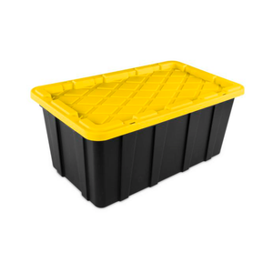 Sterilite 38 Gal Industrial Tote, Stackable Storage Bin with Snap-Fit Lid for Garage, Basement & Attic Storage, Black Base and Yellow Lily Lid, 1-Pack