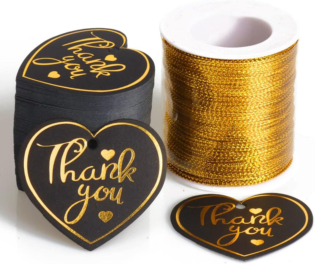 Thank You Tags,100pcs Heart Paper Gift Tags with String (Black)