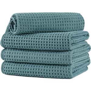 Microfiber Waffle Hand Towels, 4 Pieces, Soft, Absorbent, Fast Drying, Lint Free (Green)