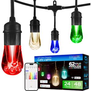 Enbrighten LED Wi-Fi Smart Vintage Caf Lights, 48ft, Multicolored/White, Patio, Backyard, Deck, Porch, Outdoor Lighting, Various Color Options, Smart Control, Bluetooth, Vintage Bulbs, 57415