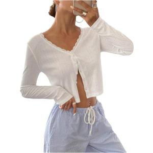 WDIRARA Women's V Neck Button Down T Shirts Lace Trim Long Sleeve Tee Crop Top (White, S)