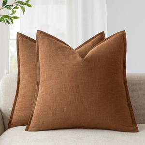 Foindtower Pack of 2, Decorative Linen Solid Throw Pillow Covers Soft Accent Cushion Case Boho Farmhouse Pillowcase for Chair Couch Sofa Bedroom Living Room Home Decor 18 x 18 Inch Orange Brown