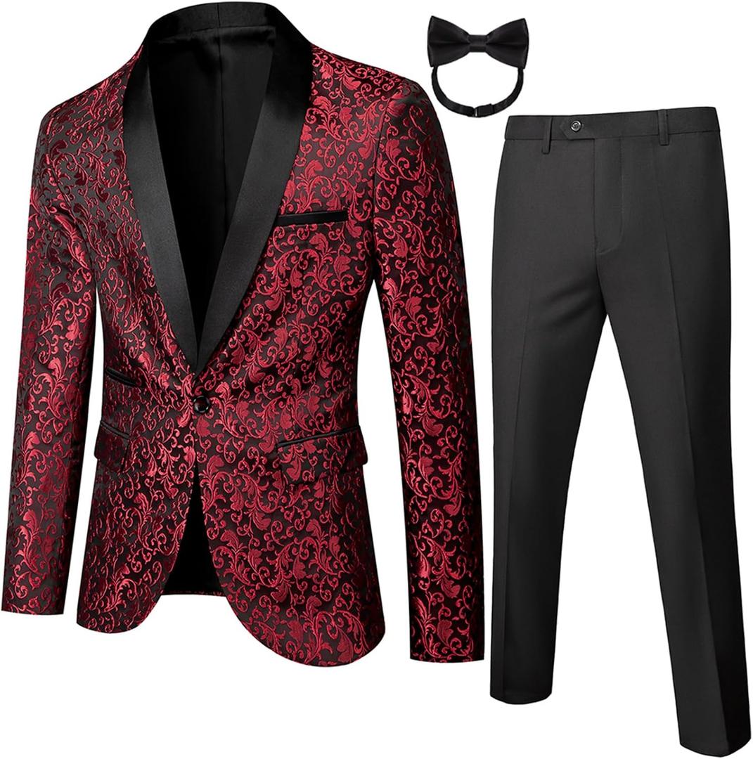 Mens 2 Piece Floral Tuxedo Jacket Paisley Shawl Lapel Suit Blazer Jacket for Dinner,Prom,Wedding (Burgundy)