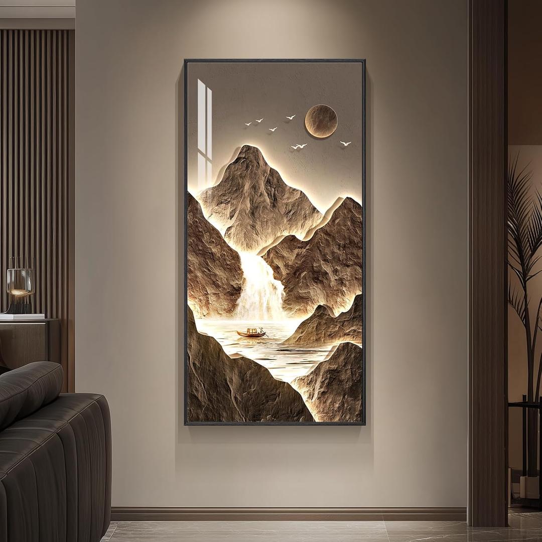 Framed Extra Large Modern Mountain Wall Art, Bright Style Painting Print, Luxury Gold Nature Landscape Waterfall Artwork for Hallway Living Room Entryway Home Office Wall Decor, 30x60 In (57L" x 28.5W", Gold - 1 Pcs)