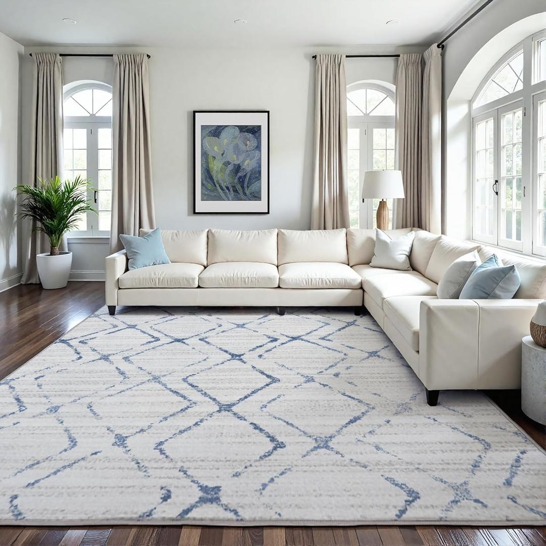 Area Rug 8x10 Machine Washable Rug Vintage Traditional Floor Cover Foldable Thin Retro Indoor Non Slip Carpet Floral Print Mat Bedroom Living Room Dining Room Office,Rhombus Chequer Blue (8' x 10' (Rectangular))