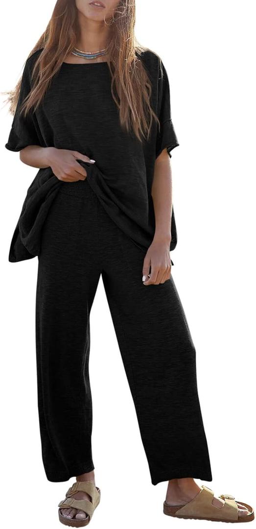 Tankaneo Women's 2 Piece Travel Outfits Casual Short Sleeve Knit Sweater Set Wide Leg Pants Lounge Sets Tracksuit (Large, Black)