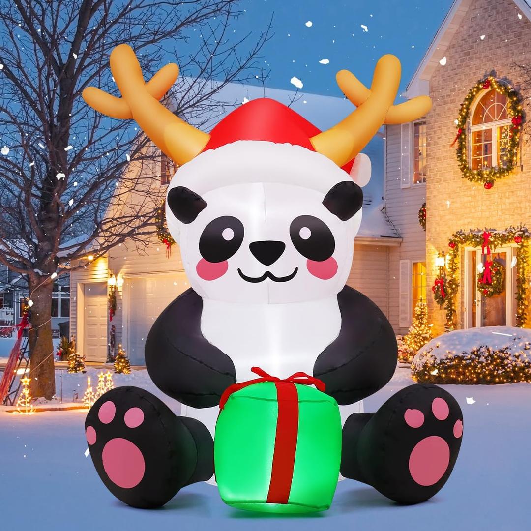 COMIN 5.4 FT Christmas Inflatables Outdoor Decorations Inflatable Panda Holding Xmas Present Blow Ups with Built-in LEDs for Yard Party Lawn Decor