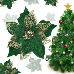 Jim's Cabin Artificial Flowers Pack of 12 Glitter Poinsettias for Christmas Tree Ornaments Butterfly Christmas Gold Decorations (Green)