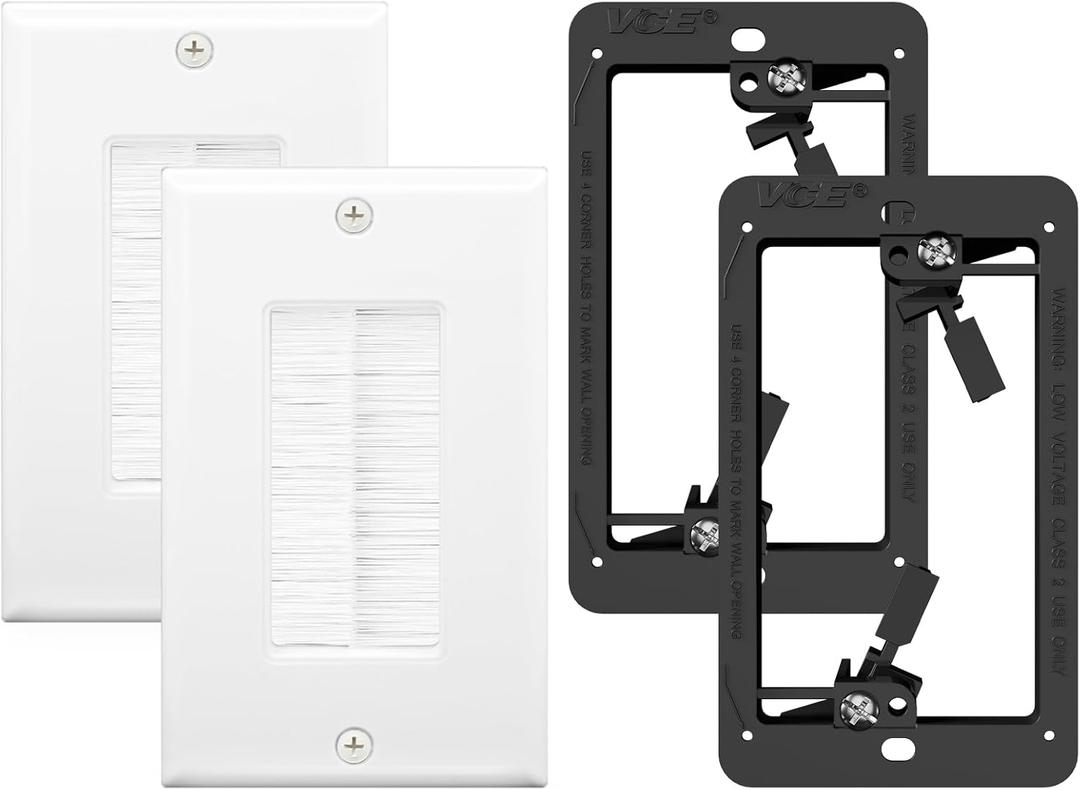 VCE Brush Wall Plate Cable Pass Through with Bracket, Decorator Cover for Low Voltage Cables - White, 2-Pack