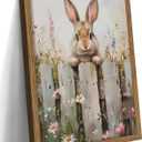 Framed Easter Bunny Wall Art, Cute Rabbit on Wooden Fence Poster Prints, Vintage Cottage Farmhouse Canvas Artwork, Rustic Easter Holiday Wall Decor for Kids Room Girls Bedroom Living Room 12x16in
