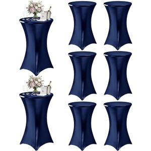Cocktail High Top Table Covers - 32x43 Inch Fitted Spandex Round Cocktail Tablecloth for Bar Height Standing Table Cloths Reusable, for Party Wedding Banquet Event Decorations, Shiny Navy, 8 Pack