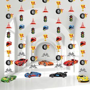 Faccito Race Car Party Decorations Checkered Flags Paper Banner Two Fast Birthday Decor Race Car Paper Cutout Racetrack Wheels Hanging Garland for Trunk Checkered Flag Birthday Party Supplies Decor