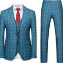MOGU Mens 3-Piece Slim Fit Plaid Suit - Blazer, Vest, and Pants Set for Wedding, Prom, and Business (40, Sea Blue)