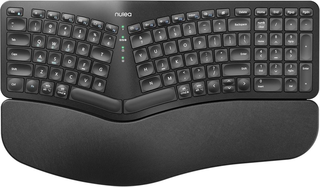 Nulea Wireless Ergonomic Keyboard, Split Keyboard with Cushioned Wrist Rest, Bluetooth and USB Connectivity, USB-C Rechargeable, Compatible with Windows Mac(Black)