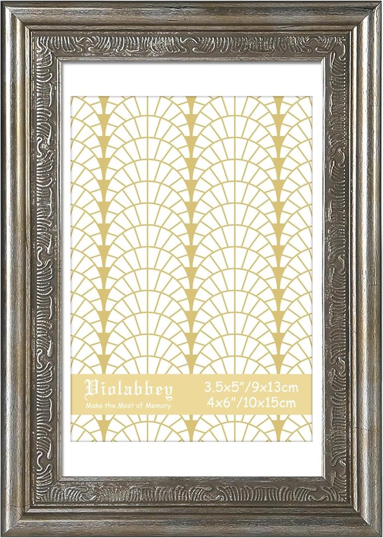 VIOLABBEY 4x6 Silver Picture Frame, Display 3.5x5 Photo with Mat or 4x6 without Mat, Ornate Vintage 4 x 6 Frame for Wall Decor or Tabletop Display, Silver