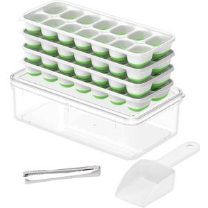 Ice Cube Tray with Lid and Bin, 4 Packs 56 Cubes Silicone Plastic Ice Cube Trays for Freezer, Stackable Ice Tray with Container, Ice Scoop,Ice Tong for Drinks, Coffee and Cocktails Green Ice Cube Tray with Lid and Bin, 4 Packs 56 Cubes Silicone Plastic Ice Cube Trays for Freezer, Stackable Ice Tray with Container, Ice Scoop,Ice Tong for Drinks, Coffee and Cocktails Green