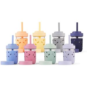 Elk and Friends Kids + Toddler Glass Cups | The Original 8oz Glass Mason Jar with Sleeves + Lids | Silicone Straws + Stopper | Smoothie Cup | Food Storage | Spill Resistant | Dishwasher Safe | 8 Pack (Blush/Lilac/Peach/Lemon/MistyBlue/Gray/Sage/Navy)