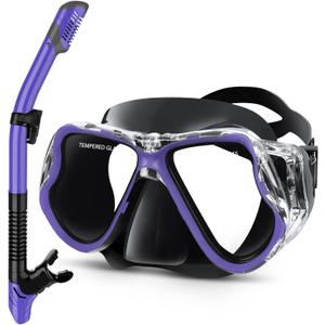 Greatever Dry Snorkel Set,Panoramic Wide View Anti-Fog Scuba Diving Mask,Professional Snorkeling Gear for Adults Kids (Large, Black Purple)
