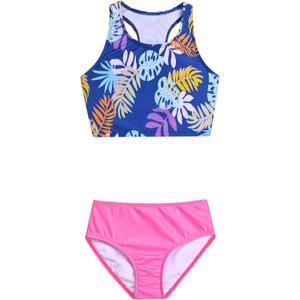 Perfashion Girls' Two-Piece Swimsuits Tankini Sets Swimwear Bathing Suit Beach Sport (12-13 Years, Tropical Leaves P15)