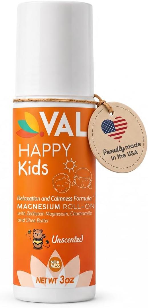 VAL Happy Kids Unscented Magnesium Roll-On, Relaxation & Calm Formula for Kids, Zechstein® Magnesium with Chamomile & Shea Butter, Fragrance-Free, 3 oz