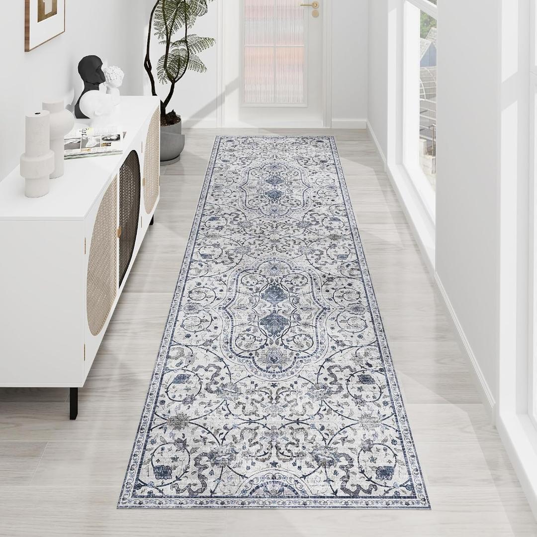 SALLOUS Runner Rug for Hallway, 3x20ft Vinyl Floor Mat for Home, Area Rug for Living Room Bedroom, Waterproof Kitchen Mat, Runner Rug for Bathroom, Entryway (Grayish Blue Bohemian-Style)