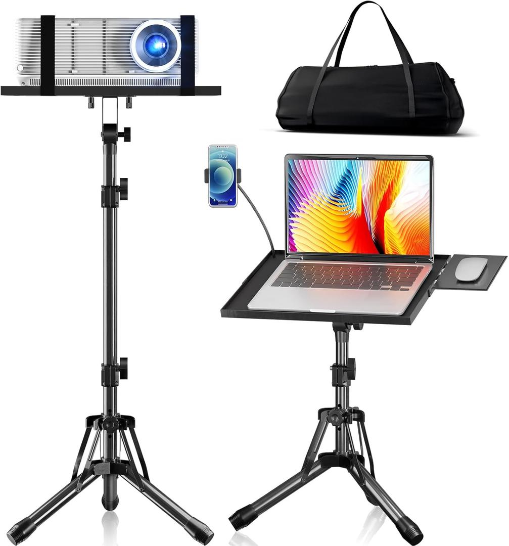 Projector Stand Adjustable Height 20" to 61", Foldable Projector Tripod Stand with Mouse Tray & Phone Holder, Portable Laptop Floor Stand for Office Home Stage Studio DJ Racks Podium Stand Black