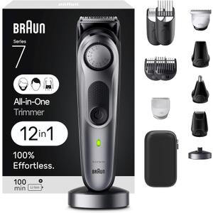 Braun All-in-One Men's Shaving Kit Series 7 7440, 12-in-1 Beard, Face, Nose, Ear Trimmer, Hair Clippers, Body Groomer and Manscaping + Travel Case + Charging Stand