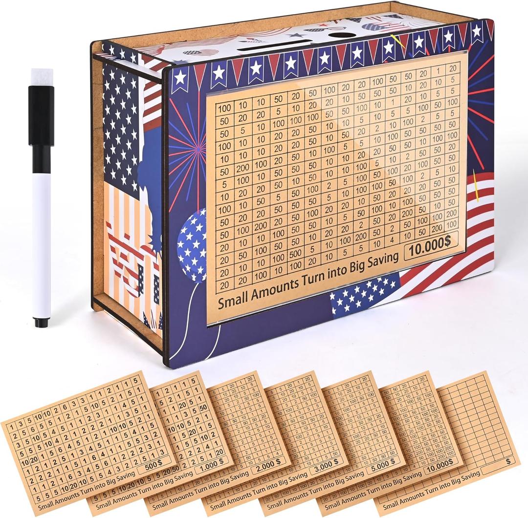 Cash Vault Wooden Savings Box, Piggy Bank for Adults & Kids, Wooden Cash Vault with 7 Stickers, Money Saver Box for 10k Smash Goals, Flag Design 10000 Savings Challenge Box (Pack of4)
