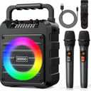 Karaoke Machine - Portable Bluetooth Speaker with 2 Wireless Microphones for Adults & Kids with Lights, PA System Speaker Supports TF Card/USB, AUX in, REC, Bass & Treble for Party/Meeting