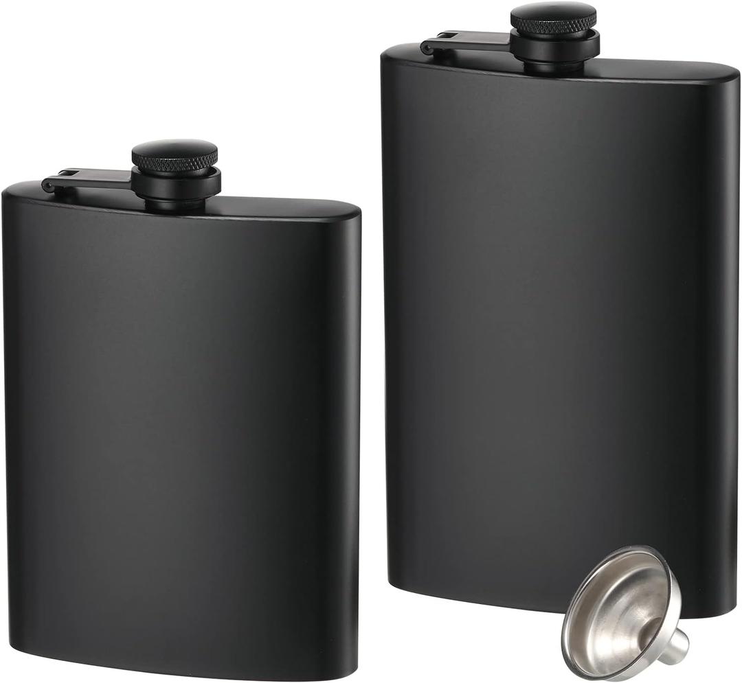 2 Pack Hip Flasks for Liquor, 8 Oz & 12 Oz Stainless Steel Leakproof Thin Flasks with Funnel for Men & Women (Matte Black)