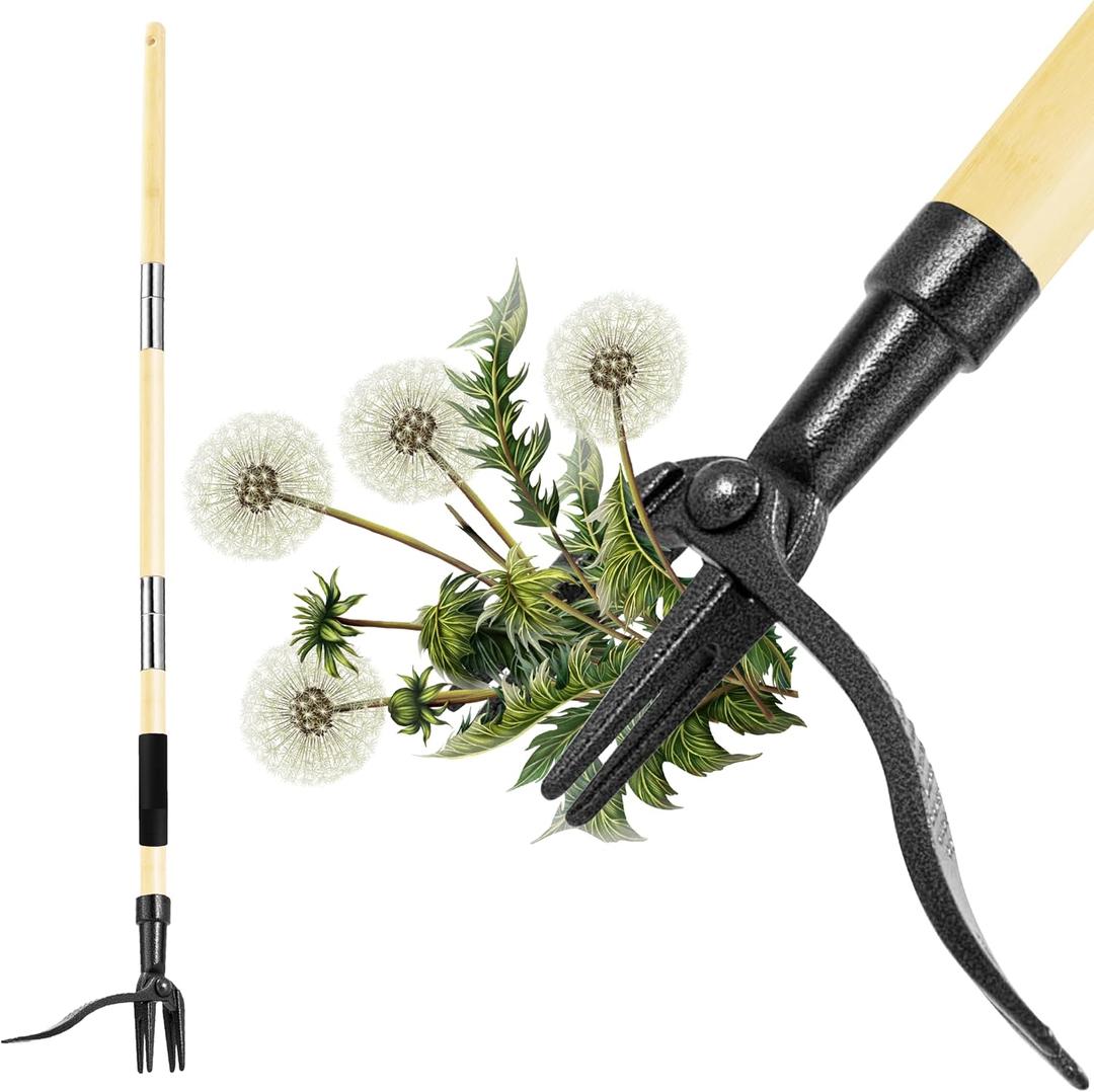 Weed Puller Tool, Bamboo Stand Up Heavy Duty Weeder with Anti-Slip Grip, 4 Claws Long Handle Root & Crabgrass Remover for Lawn & Garden, Effortless Grandpas Weeder Tool