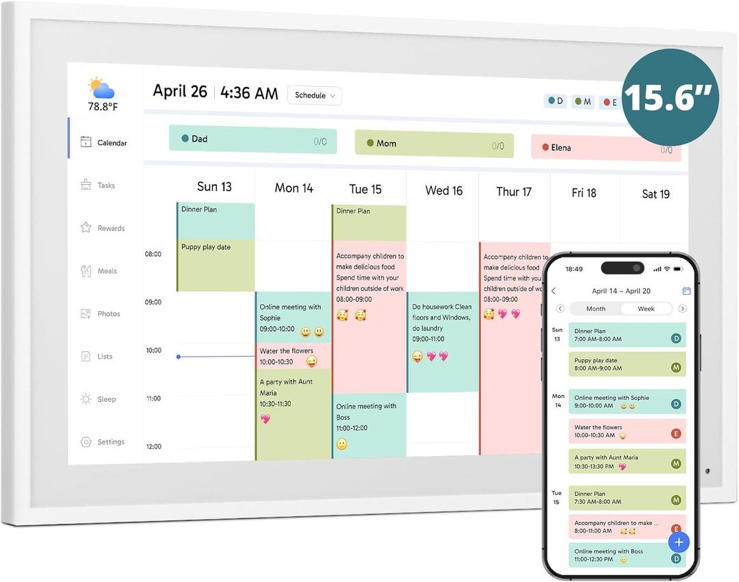Digital Calendar 15.6-inch Smart Chore Chart, Home Electronic Wall/Tabletop Calendar with Interactive Display/Touch Screen for Family Schedule Planning, Seamless Data Syncs and APP Access