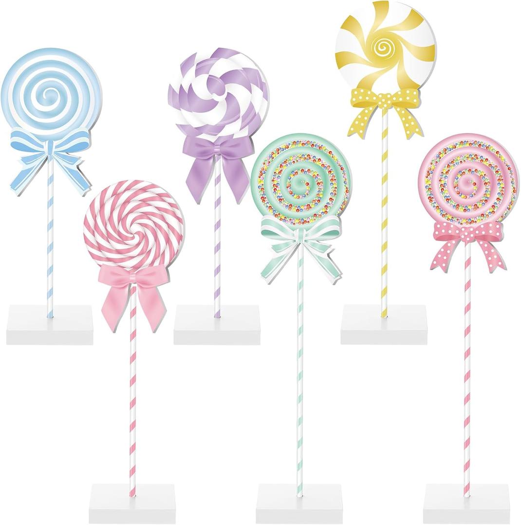 Amyhill 6 Pcs Christmas Candyland Table Decorations Wooden Colorful Candy Bow Block Tabletop Centerpieces Sign Xmas Tiered Tray Decor for Home Xmas Holiday Kitchen Party Decor