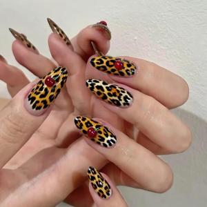 Leopard Print Press on Nails with 3D Cherry Charms, Medium Almond Fake Nails, Glossy Acrylic False Nails, Reusable Full Cover Stick on Nails for Women Manicure 24Pcs