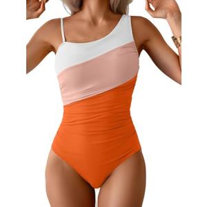 Aidonger One Shoulder One Piece Swimsuit for Women Tummy Control Bathing Suits Color Block Ruched Swim Suit Slimming Swimwear M