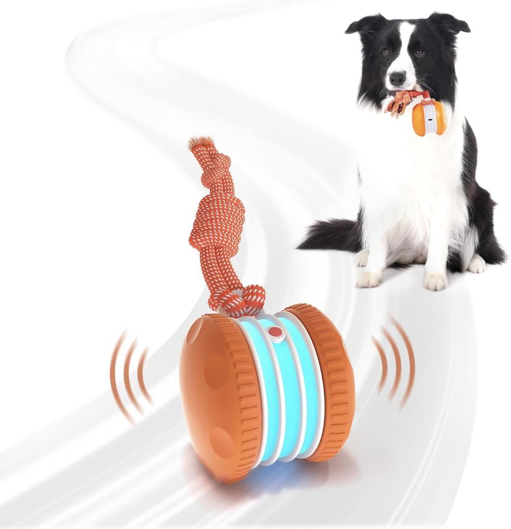 QGI Interactive Dog Toys, Random Path Electric Automatic Moving and Rolling Dogs Toy with Rope for Small Medium Large Dogs, Motion-Activated Dog Stimulation Toy for Boredom Relief (Orange)