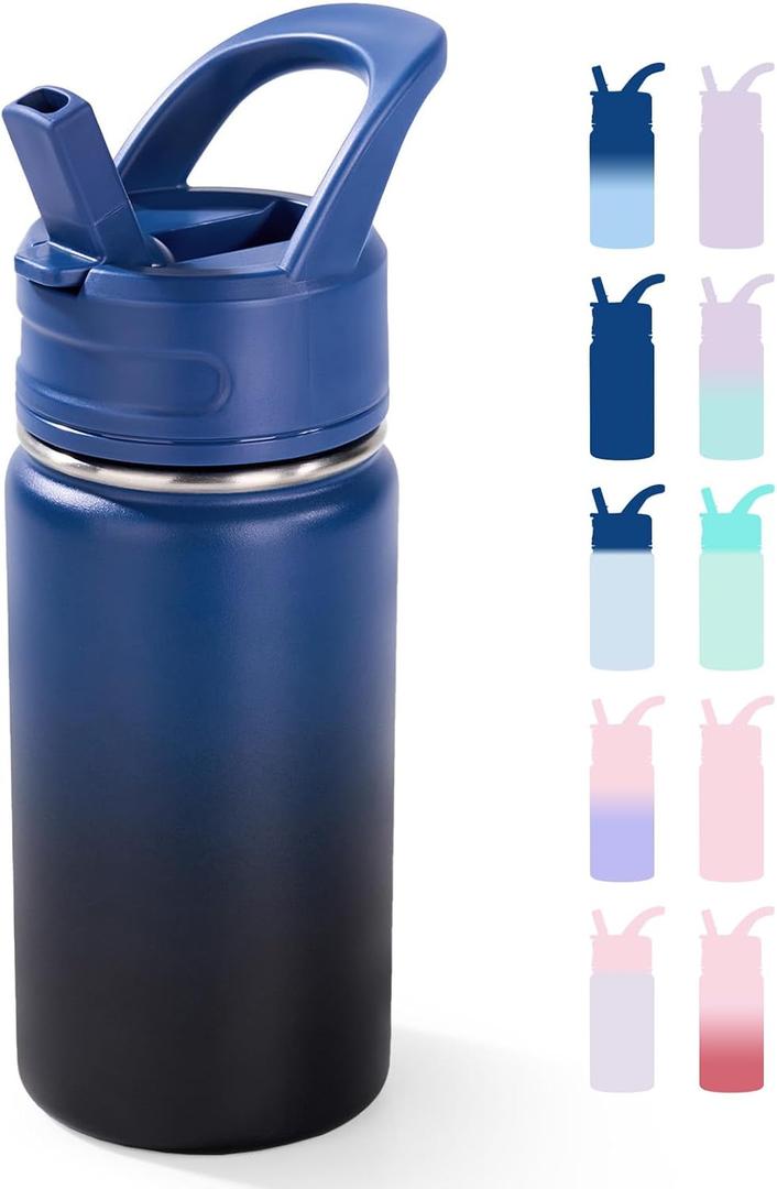 12oz Kids Water Bottle for School, Toddler Bottles with Straws, Stainless Steel Vacuum Insulated Water Bottle for Boys&Girls, Leak-Proof, BPA-Free, Blue Black