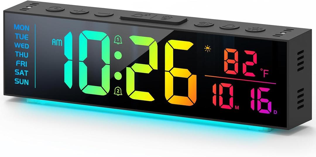 Digital Clock, Alarm Clock for Bedroom, Digital Wall Clocks for Classroom, Living Room Decor, Desk Clock Large Display, 13 Number Display Colors, 12 Ambient Light Colors, Auto Dimming, DST (Black)